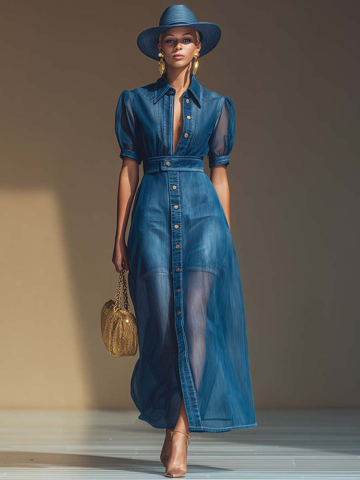 Eleanor | Elegant Blue Denim Organza Maxi Dress