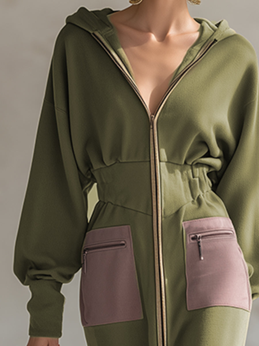 Linda | Elegant Olive Zip-Up Maxi Dress