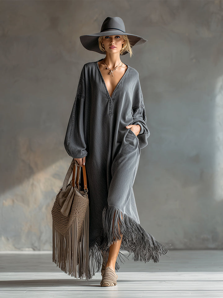 Martha | Elegant Denim Tassel Maxi Dress