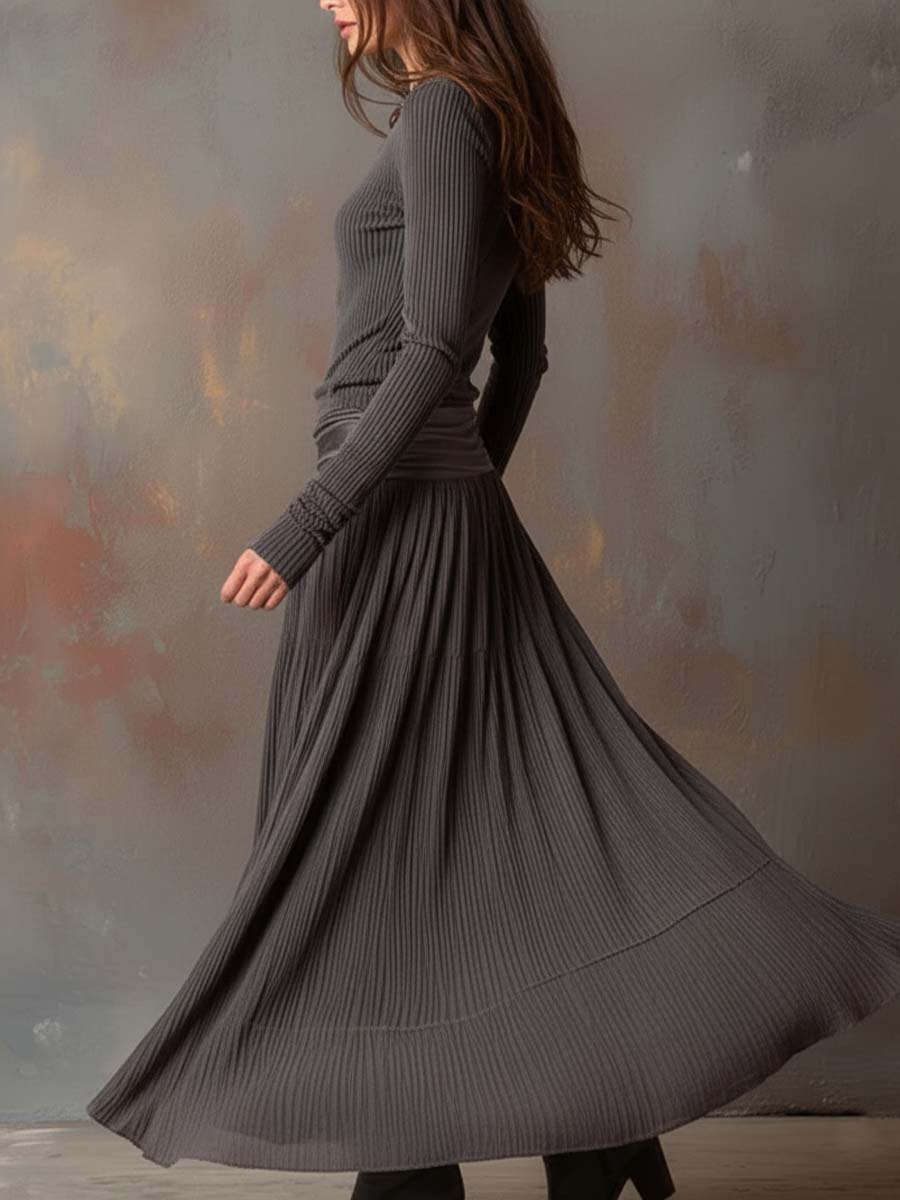 Florence™ Vintage Ribbed Knit Maxi Dress In Charcoal Gray