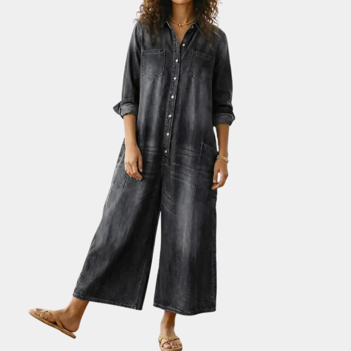 June - Vintage Washed Soft Denim-Look Jumpsuit with Button Closure