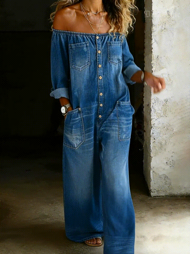 Elena | Off Shoulder Long Sleeve Denim Jumpsuit
