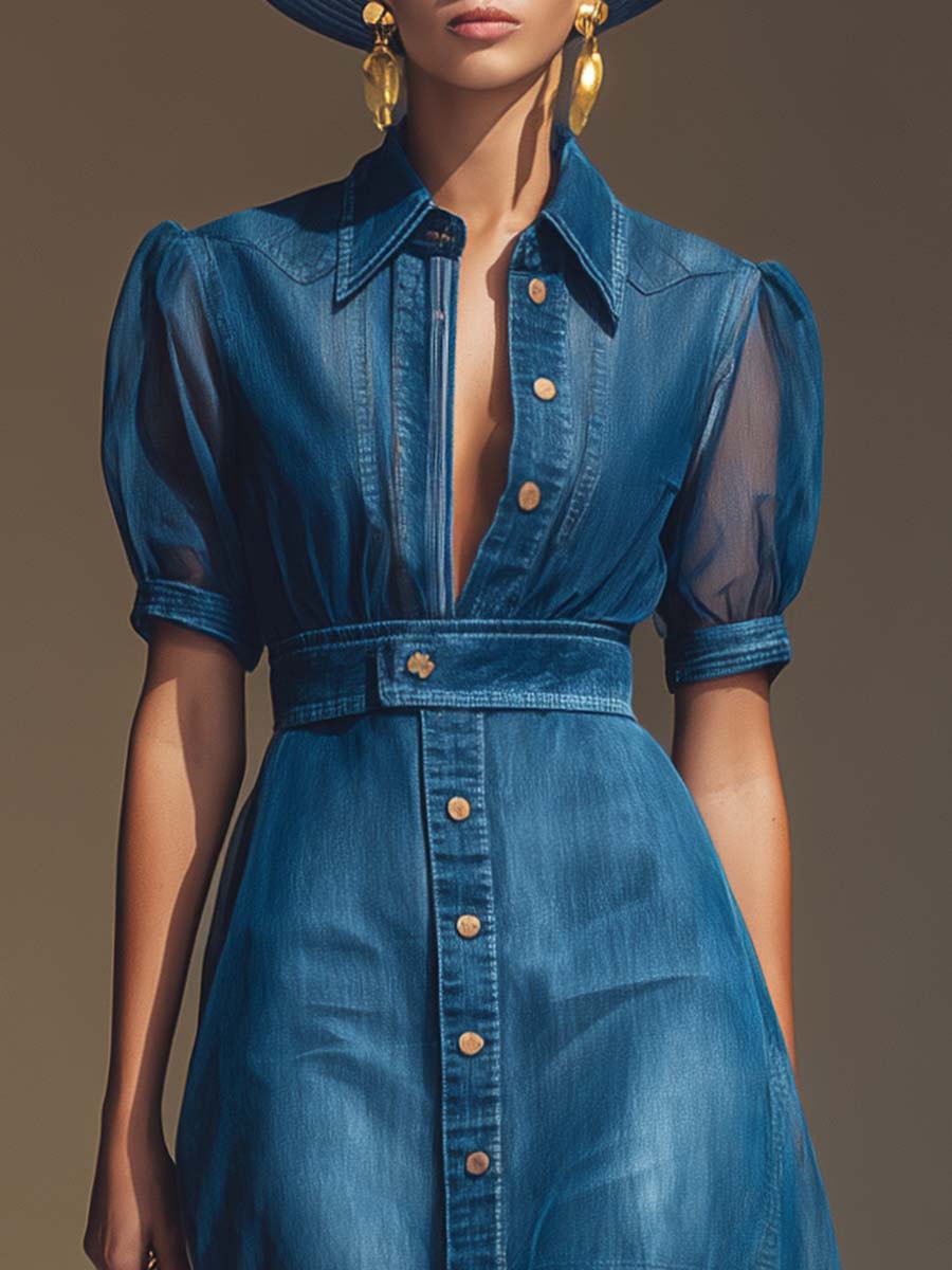 Eleanor | Elegant Blue Denim Organza Maxi Dress