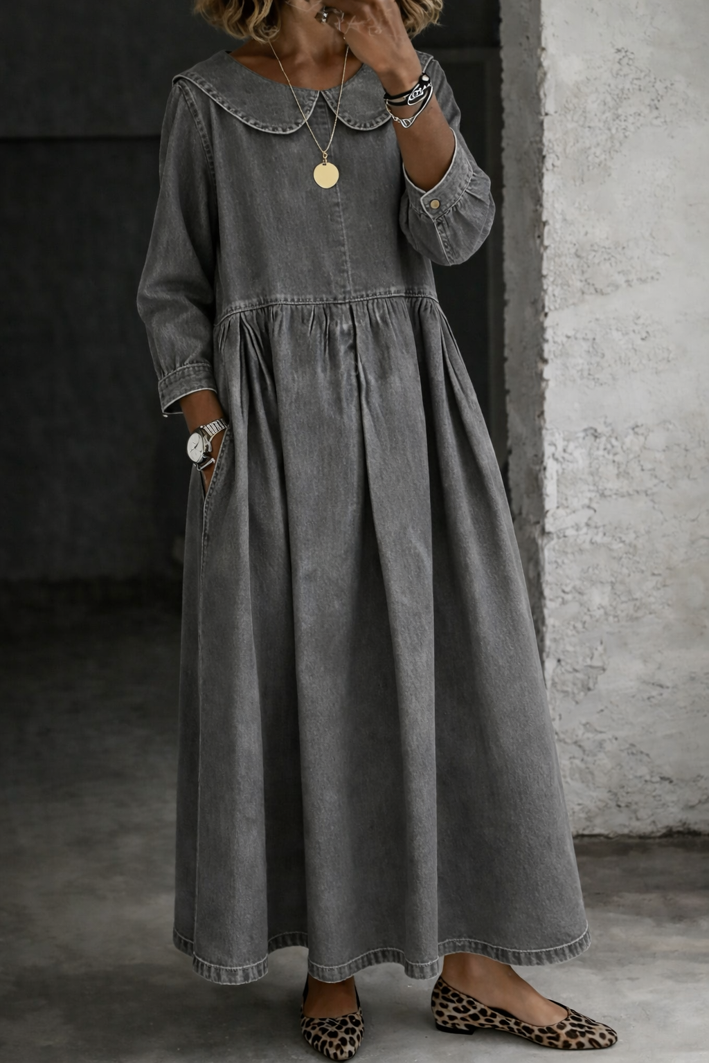 Clara | Peter Pan  Denim-Look Collar Dress