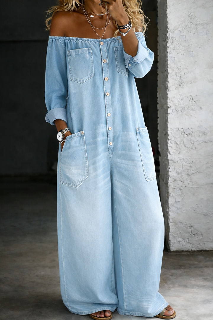 Elena | Off Shoulder Long Sleeve Denim Jumpsuit