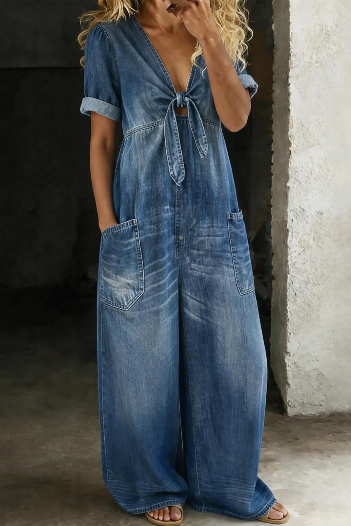 Maya | V Neck Short Sleeve Denim Jumpsuit