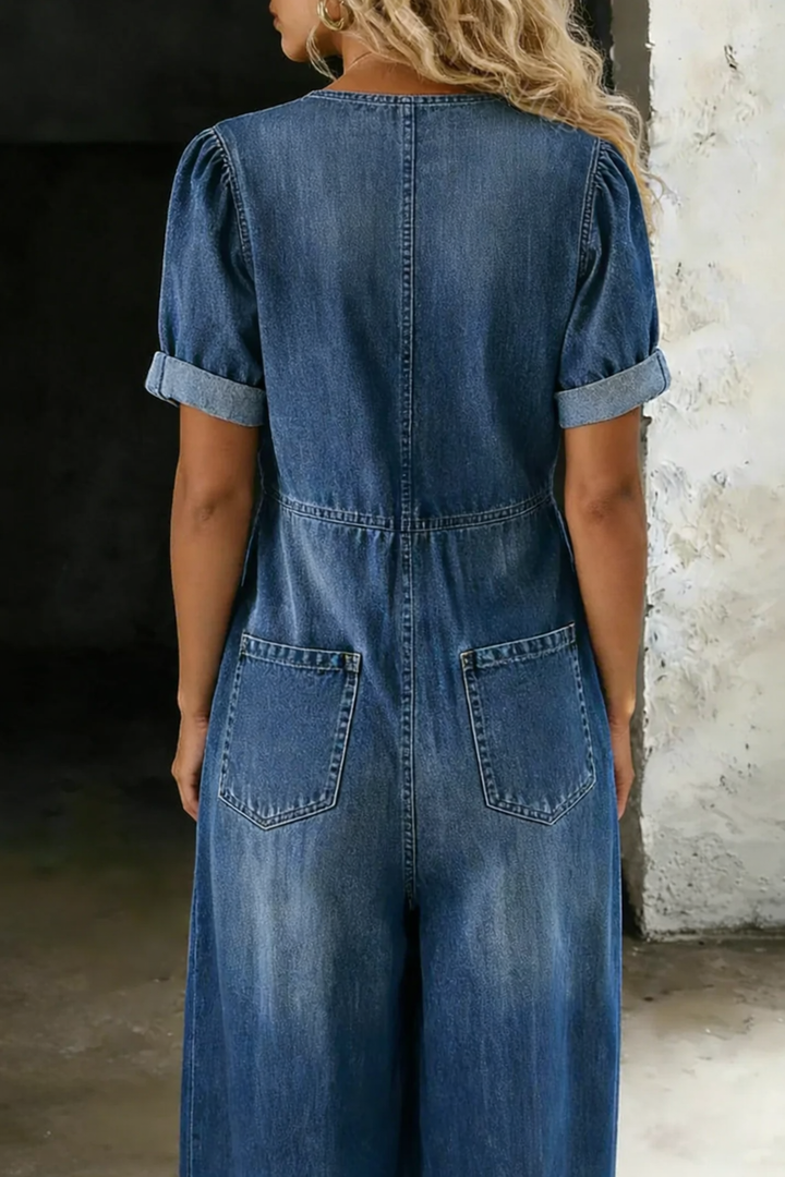 Maya | V Neck Short Sleeve Denim Jumpsuit