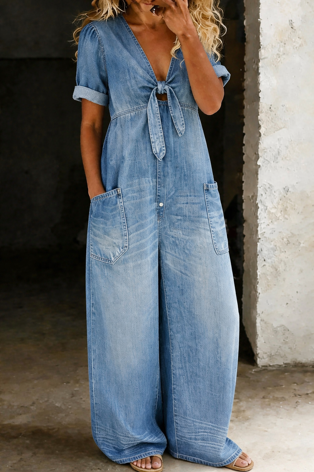 Maya | V Neck Short Sleeve Denim Jumpsuit