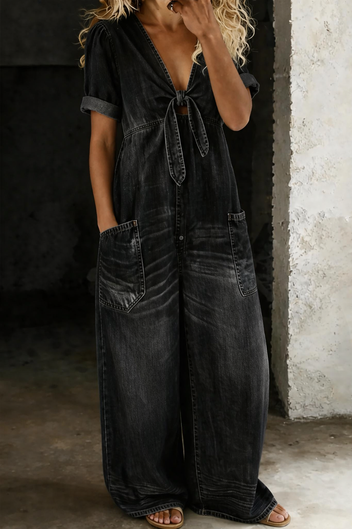 Maya | V Neck Short Sleeve Denim Jumpsuit