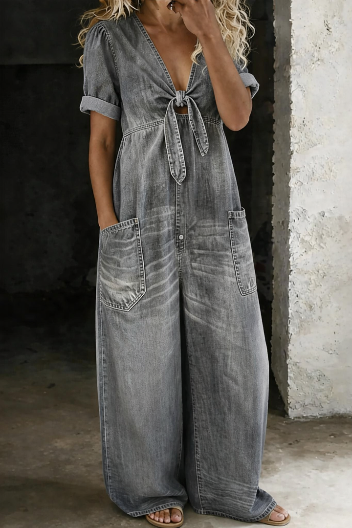 Maya | V Neck Short Sleeve Denim Jumpsuit