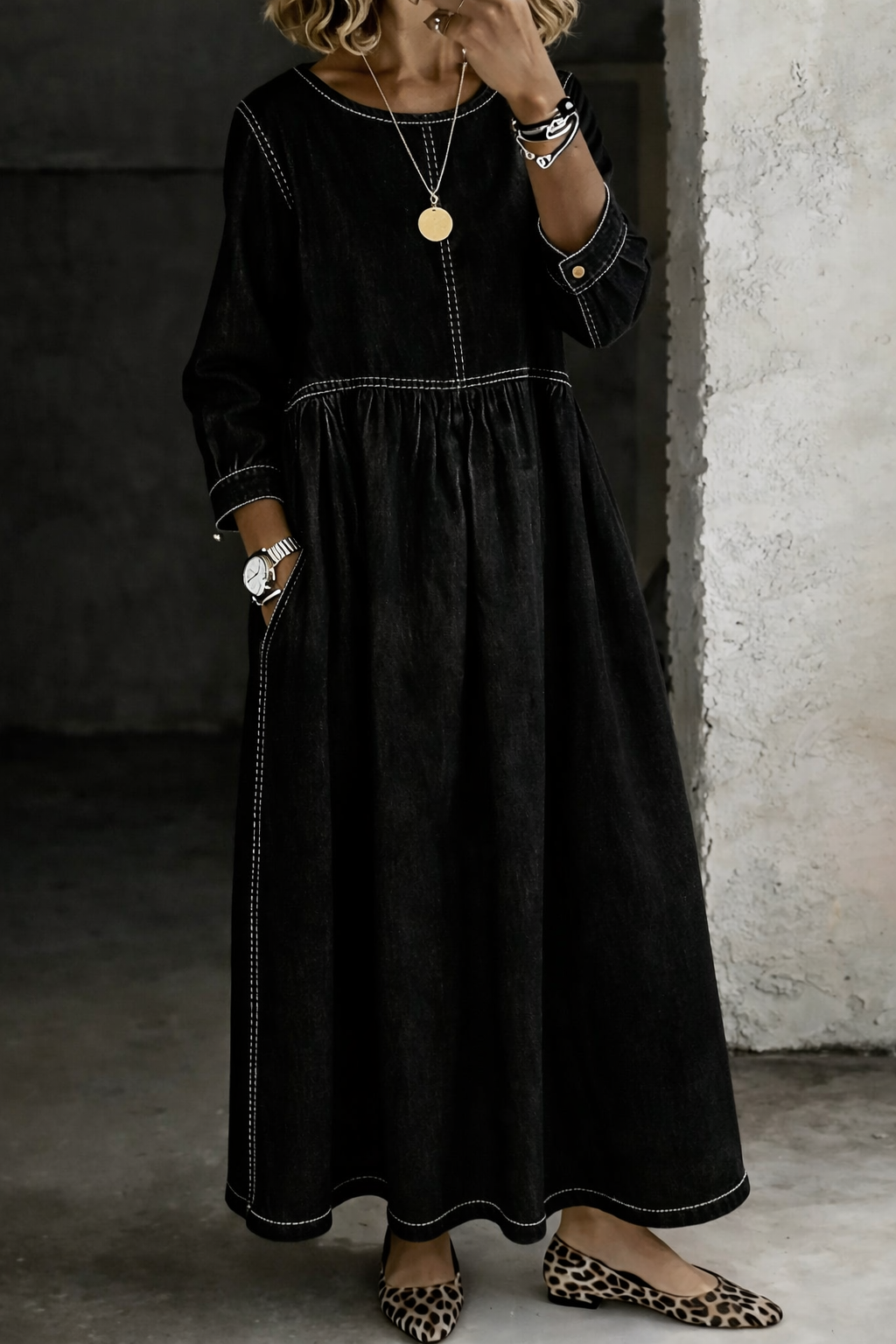 Melissa | Round Neck Long Sleeve Denim-Look Dress