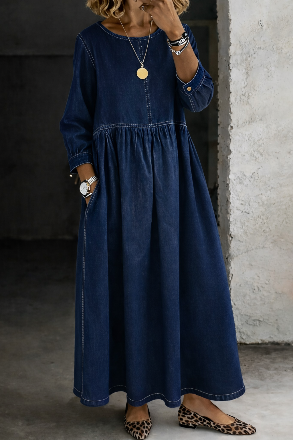 Melissa | Round Neck Long Sleeve Denim-Look Dress