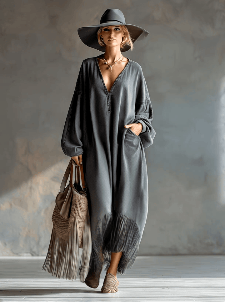 Martha | Elegant Denim Tassel Maxi Dress