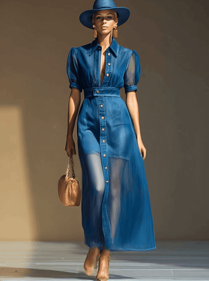 Eleanor | Elegant Blue Denim Organza Maxi Dress