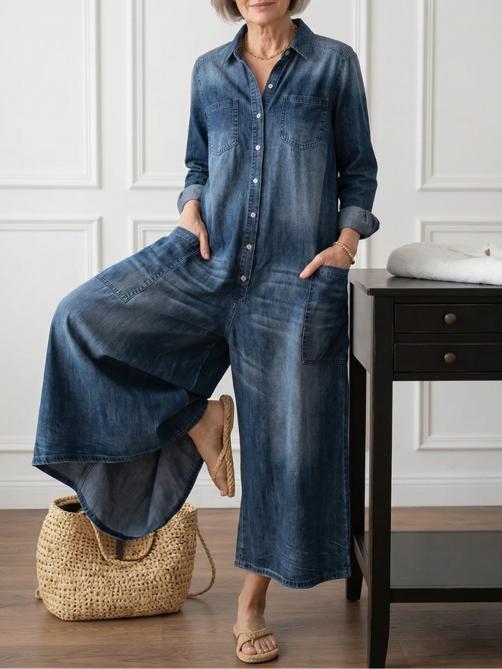 June - Vintage Washed Soft Denim-Look Jumpsuit with Button Closure