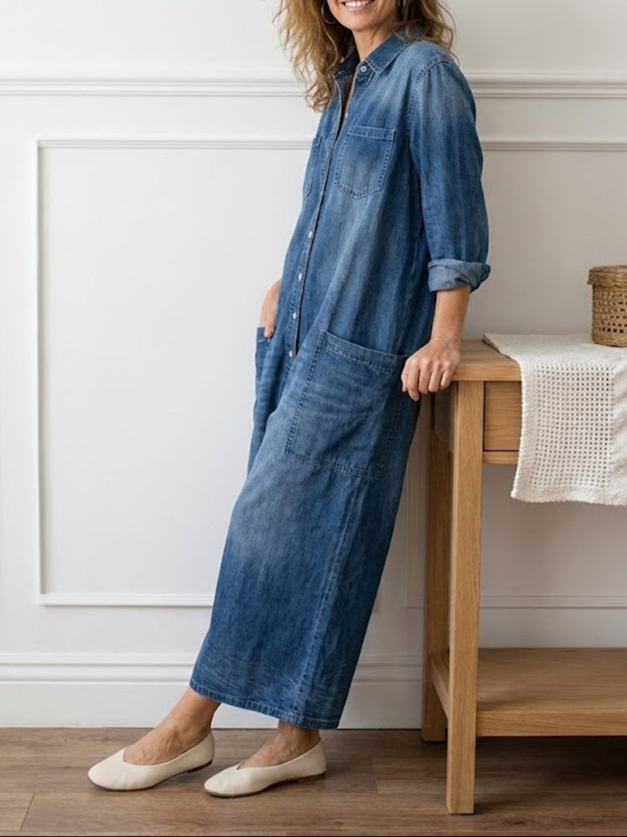 June - Vintage Washed Soft Denim-Look Jumpsuit with Button Closure