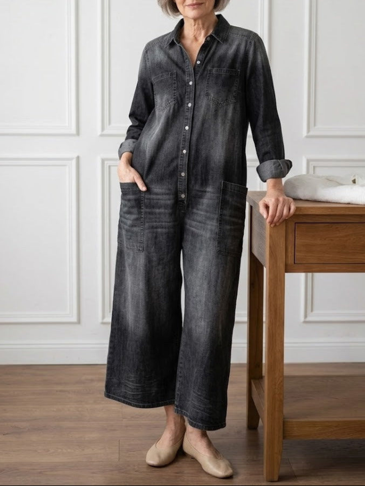 June - Vintage Washed Soft Denim-Look Jumpsuit with Button Closure
