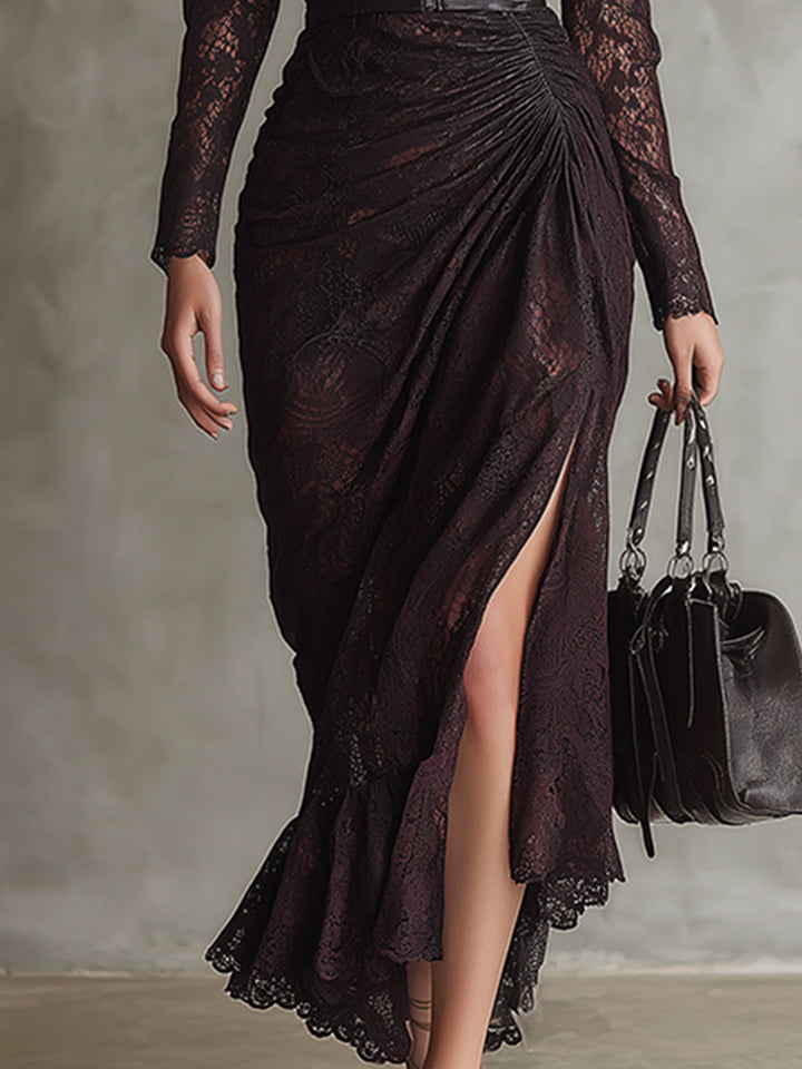 Vivienne | Elegant Faux Leather & Lace Maxi Dress
