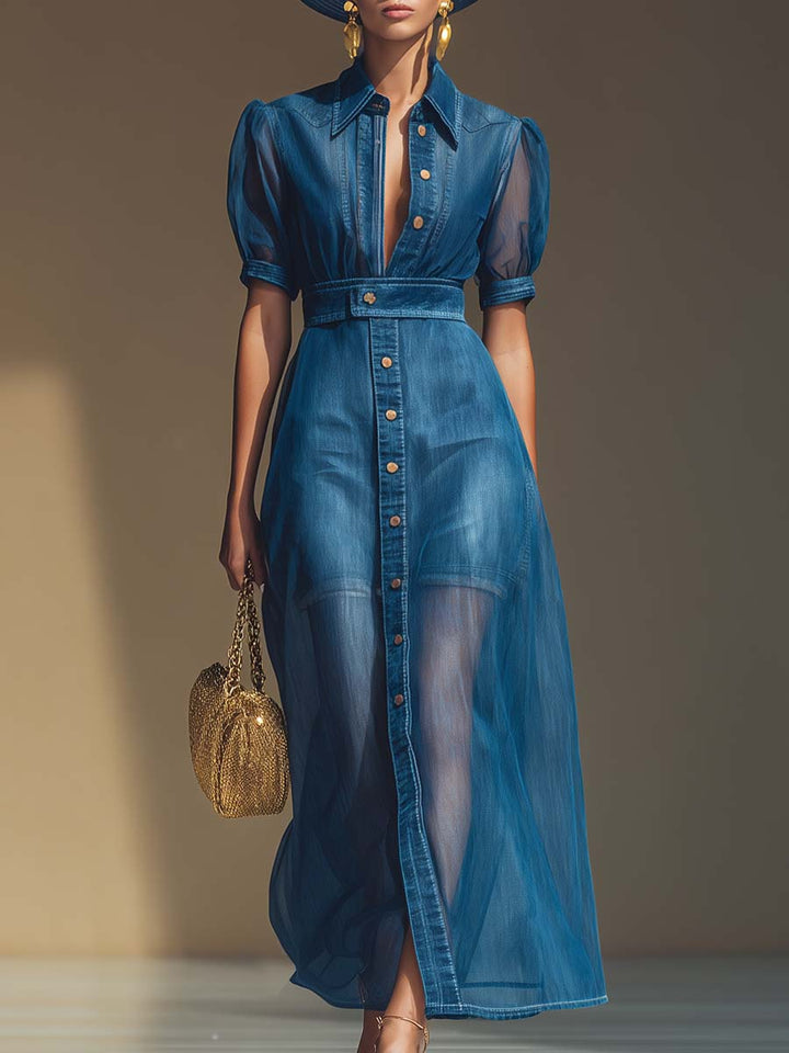 Eleanor | Elegant Blue Denim Organza Maxi Dress