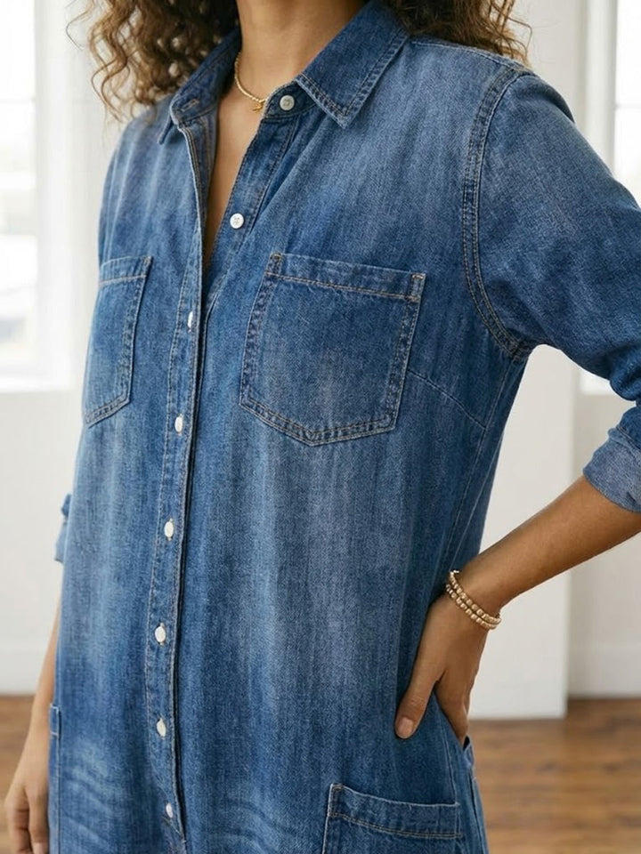 June - Vintage Washed Soft Denim-Look Jumpsuit with Button Closure
