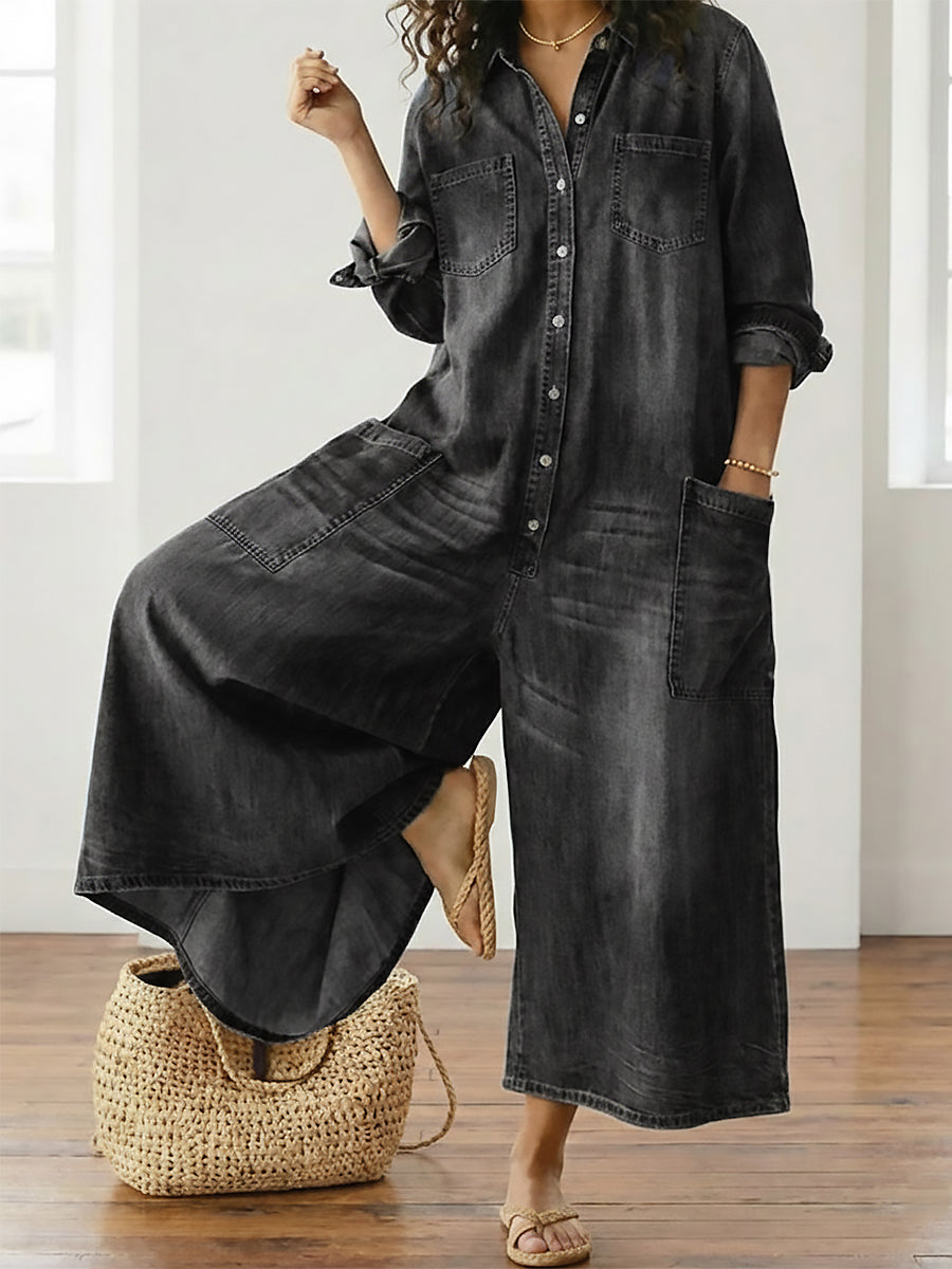 June - Vintage Washed Soft Denim-Look Jumpsuit with Button Closure