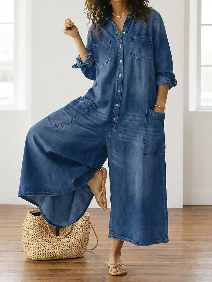 June - Vintage Washed Soft Denim-Look Jumpsuit with Button Closure