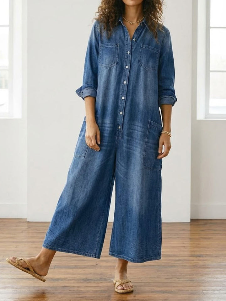 June - Vintage Washed Soft Denim-Look Jumpsuit with Button Closure