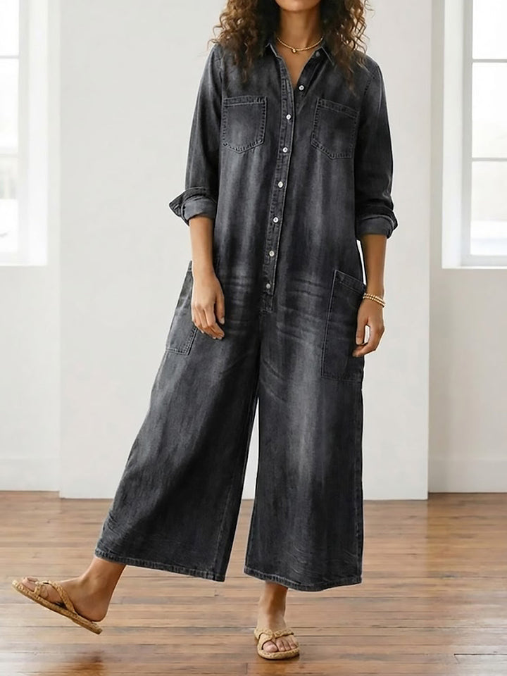 June - Vintage Washed Soft Denim-Look Jumpsuit with Button Closure